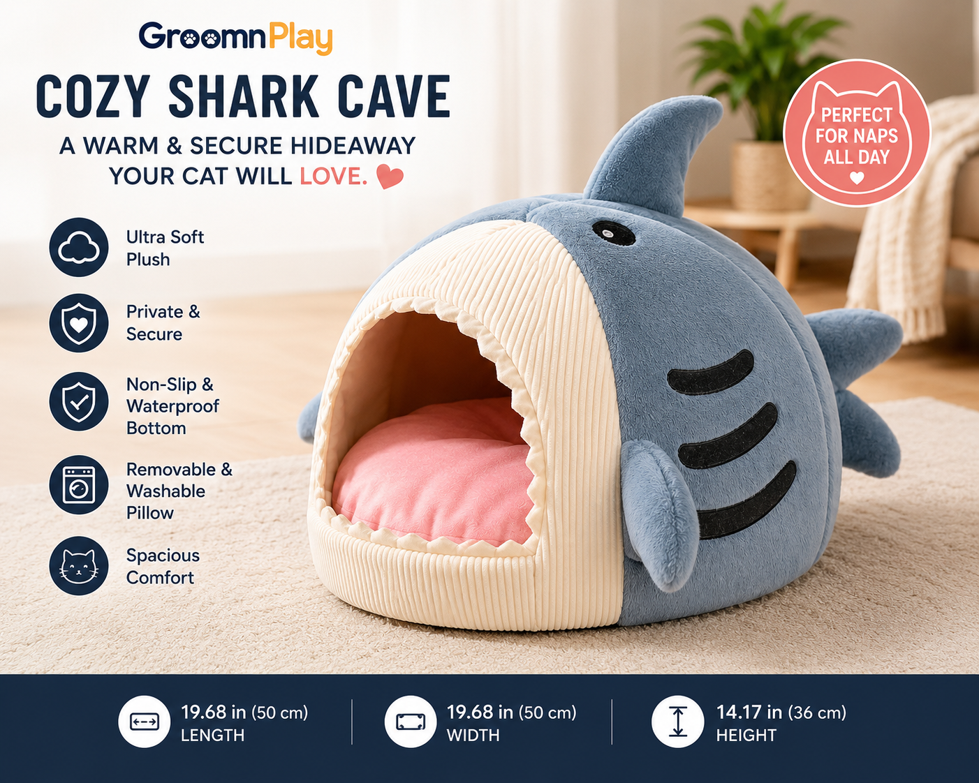 GroomnPlay CozyShark™ Cat Bed